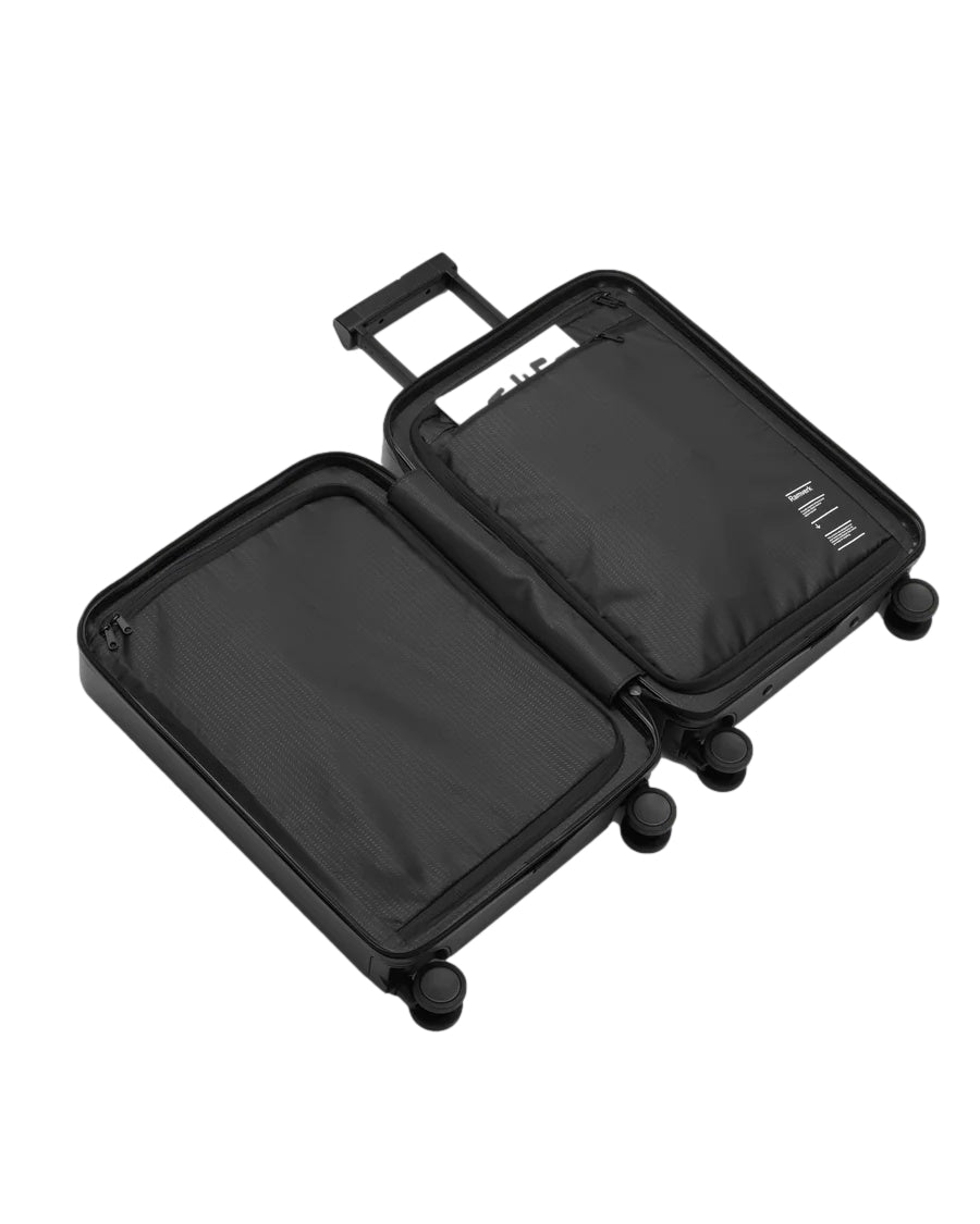 Sort Db Ramverk front-akses koffert med hjul og teleskopgrep, robust hardplastkoffert for reise.
