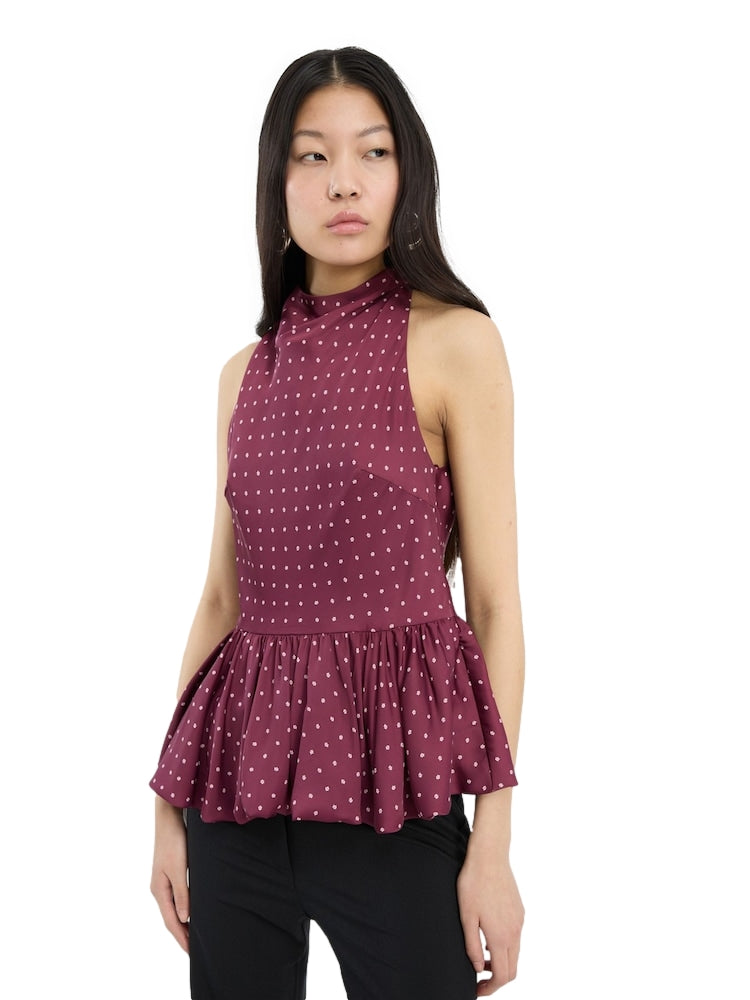 ROTATE Dot Peplum Halterneck Topp Burgunder Mønster