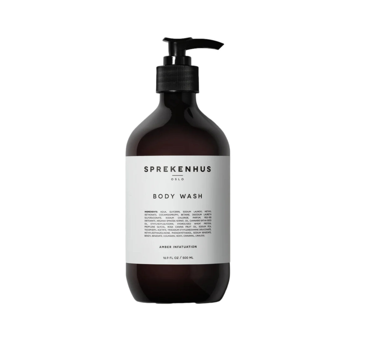 Sprekenhus dusjsåpe Amber Infatuation, 500ml, gjennomsiktig flaske med dusjsåpe som viser produktet.
