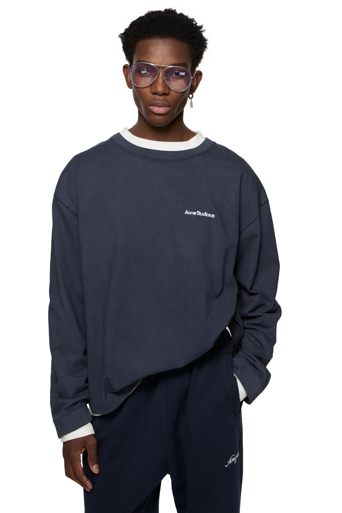 Acne Layered Sweatshirt With Logo Crewneck Mørkeblå