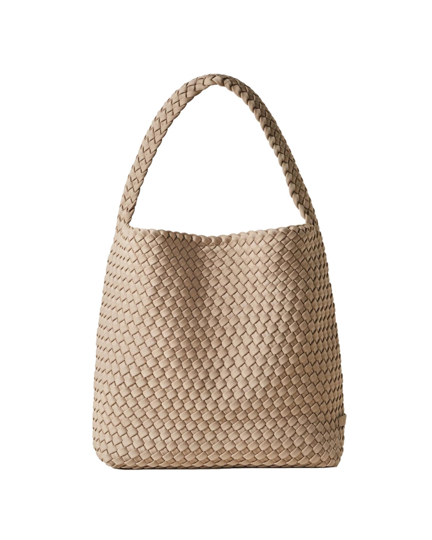 Naghedi Nomad Medium Hobo-veske i taupe med mykt cashmerestoff og komfortabel skulderrem, elegant og funksjonell design.