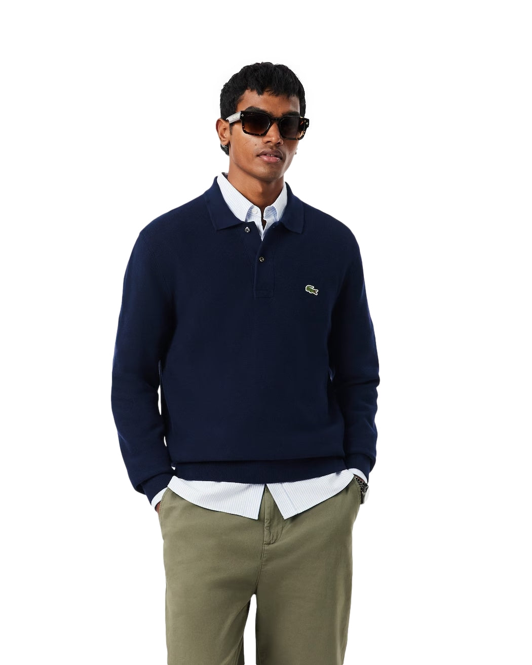 Lacoste Classic Fit Long Sleeved Knitted Polo Shirt Genser Navy