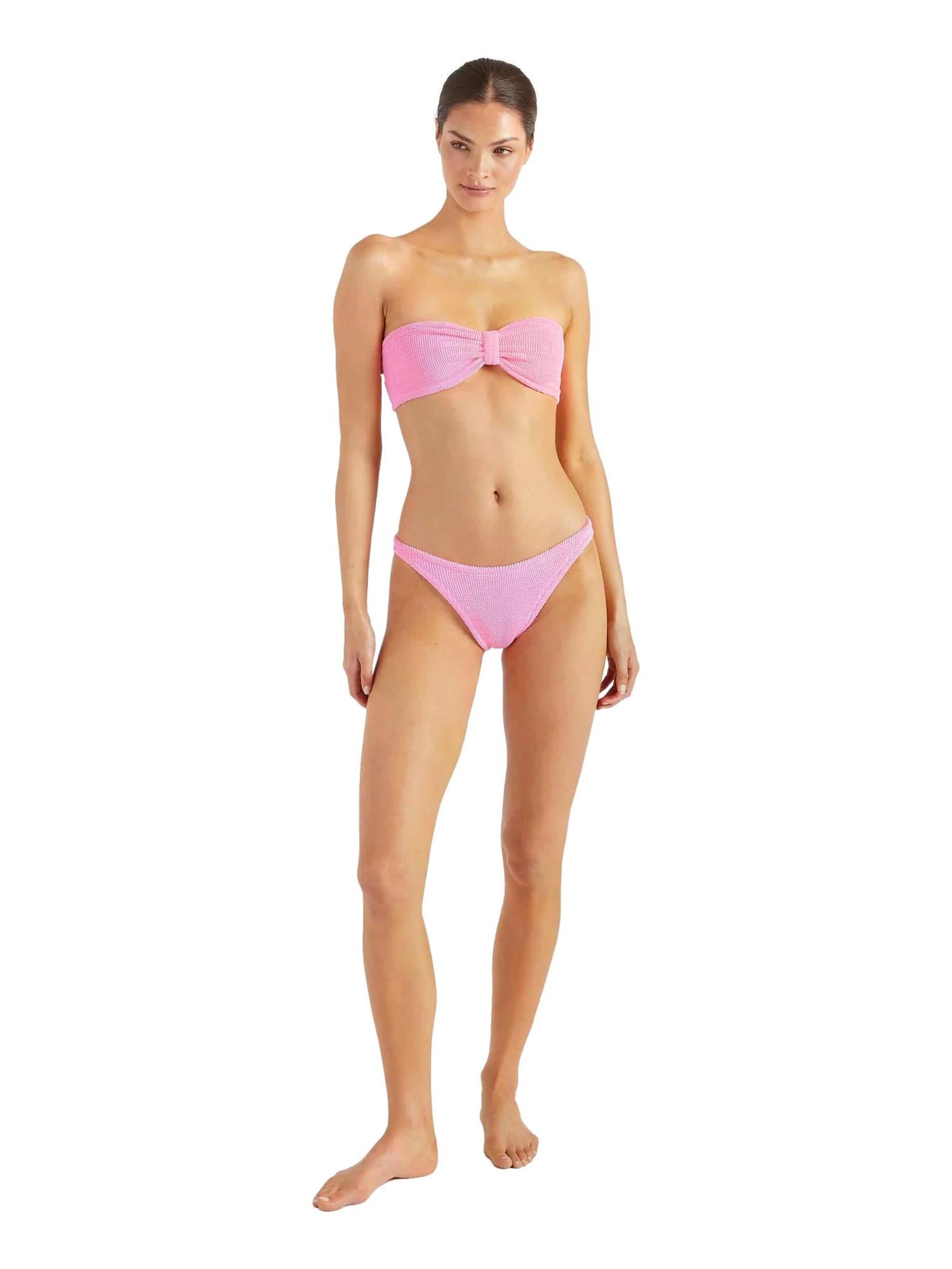 Hunza G Jean bikini i rosa, bubblegumfarget, med tettsittende passform og sporty design, perfekt for sommerbad.