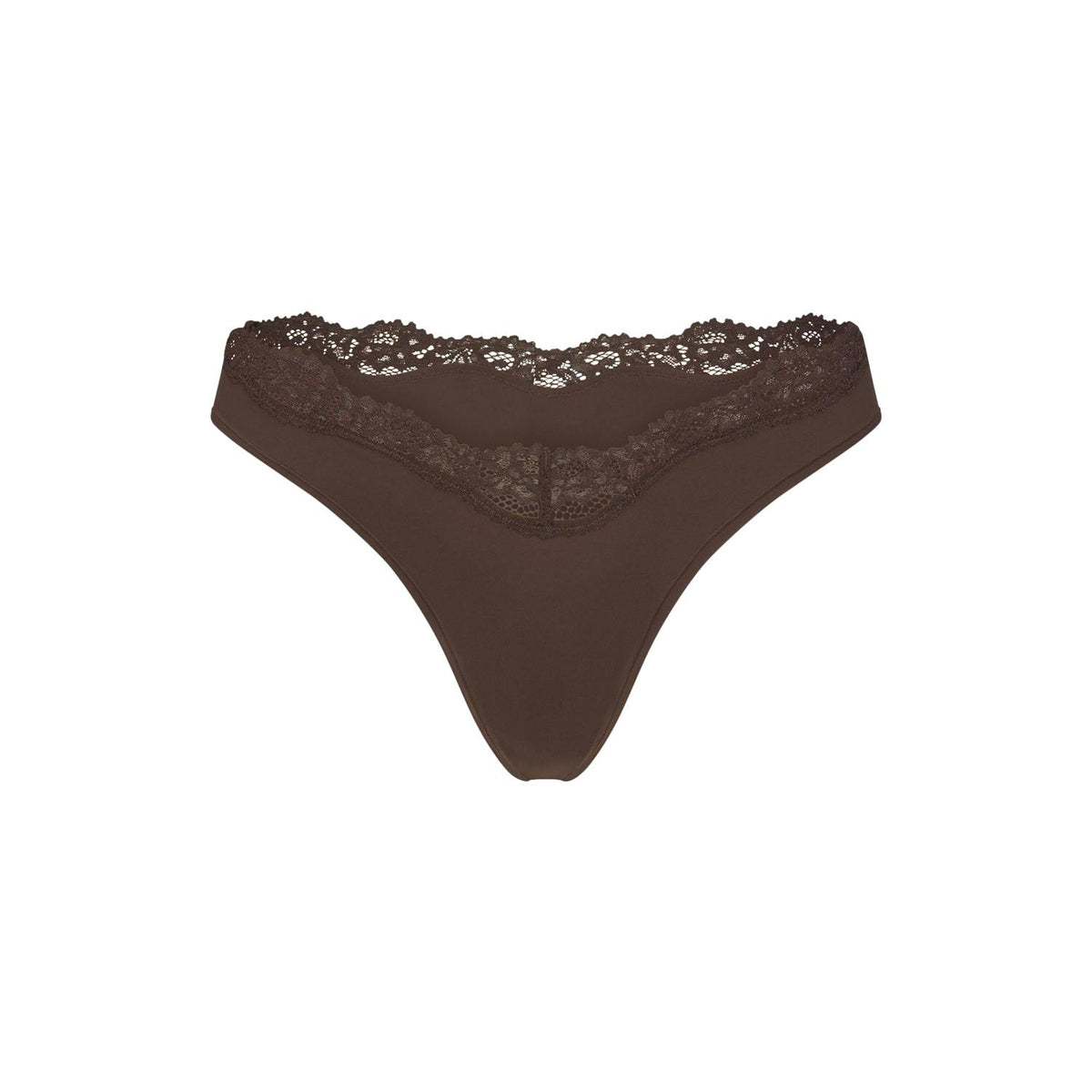 SKIMS Fits Everybody Lace Dipped Thong i espressofarget brun, blondedetaljer og smal linning