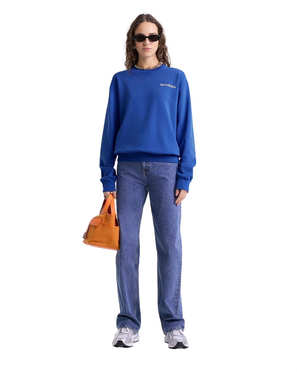 Blå Sporty & Rich crewneck med "Health is Wealth" trykk, komfortabel og stilfull t-skjorte.