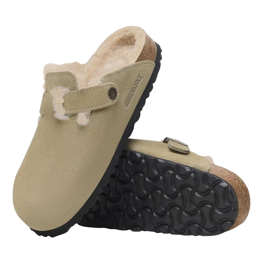 Birkenstock Boston shearling taupe sko i brun og beige, komfortabelt design med ullfôr for kaldt vær