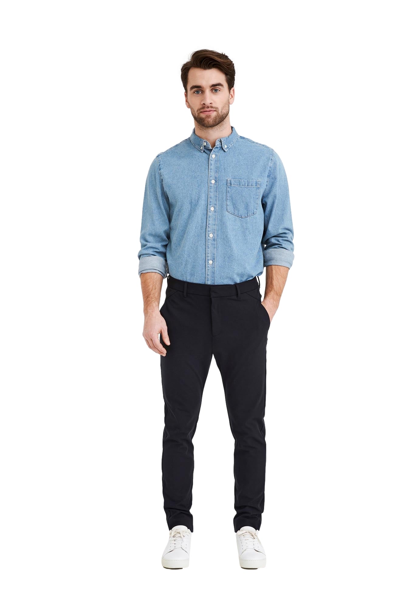 Navy bukse fra Plain JoshPL 315 i dyp marinefarge, komfortabel og stilfull med enkel design.
