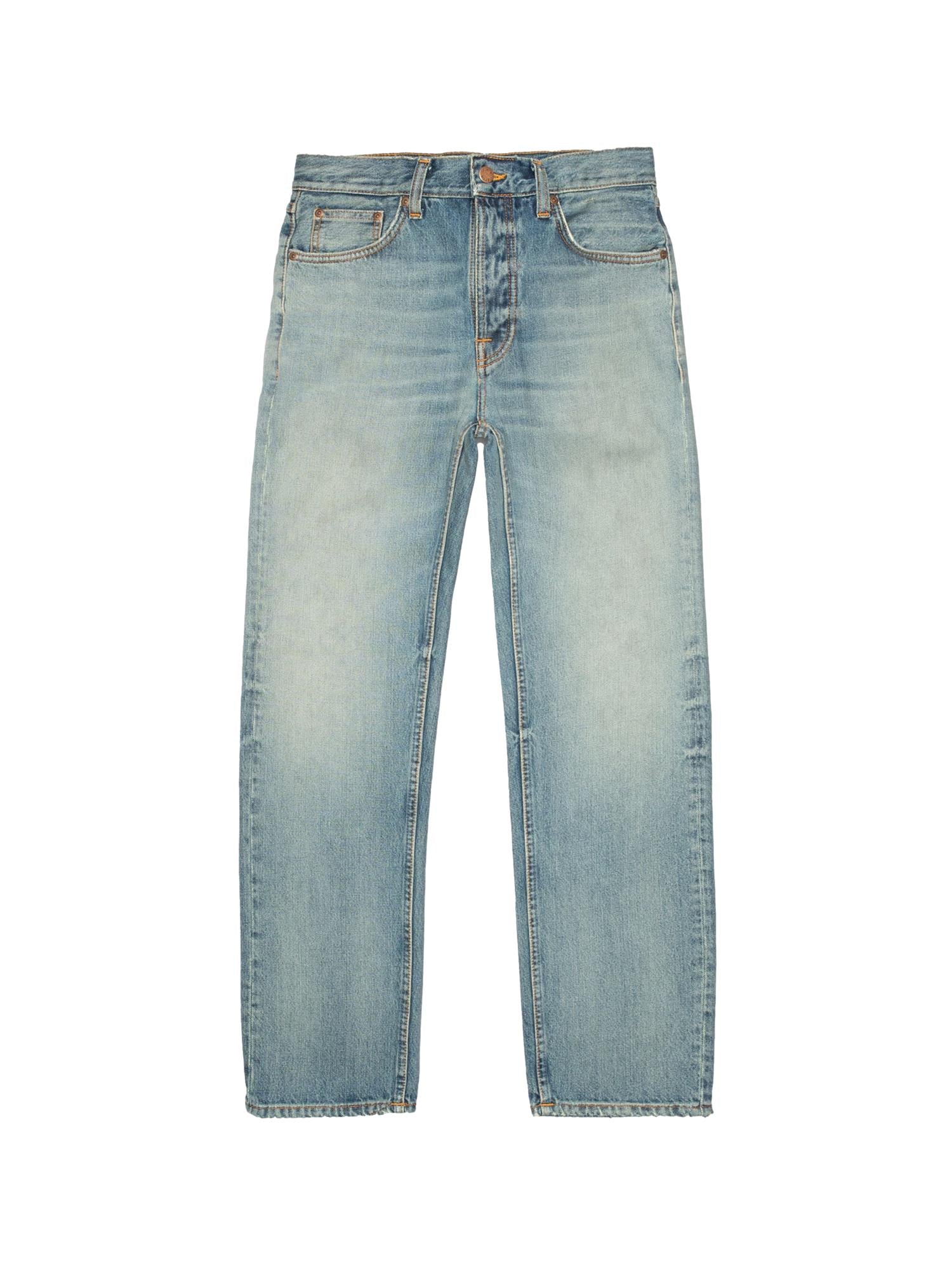 Nudie Jeans Rad Rufus jeans i mudvasket beige og blå, vises med nærbilde av denimstoff og slitasjeeffekter.