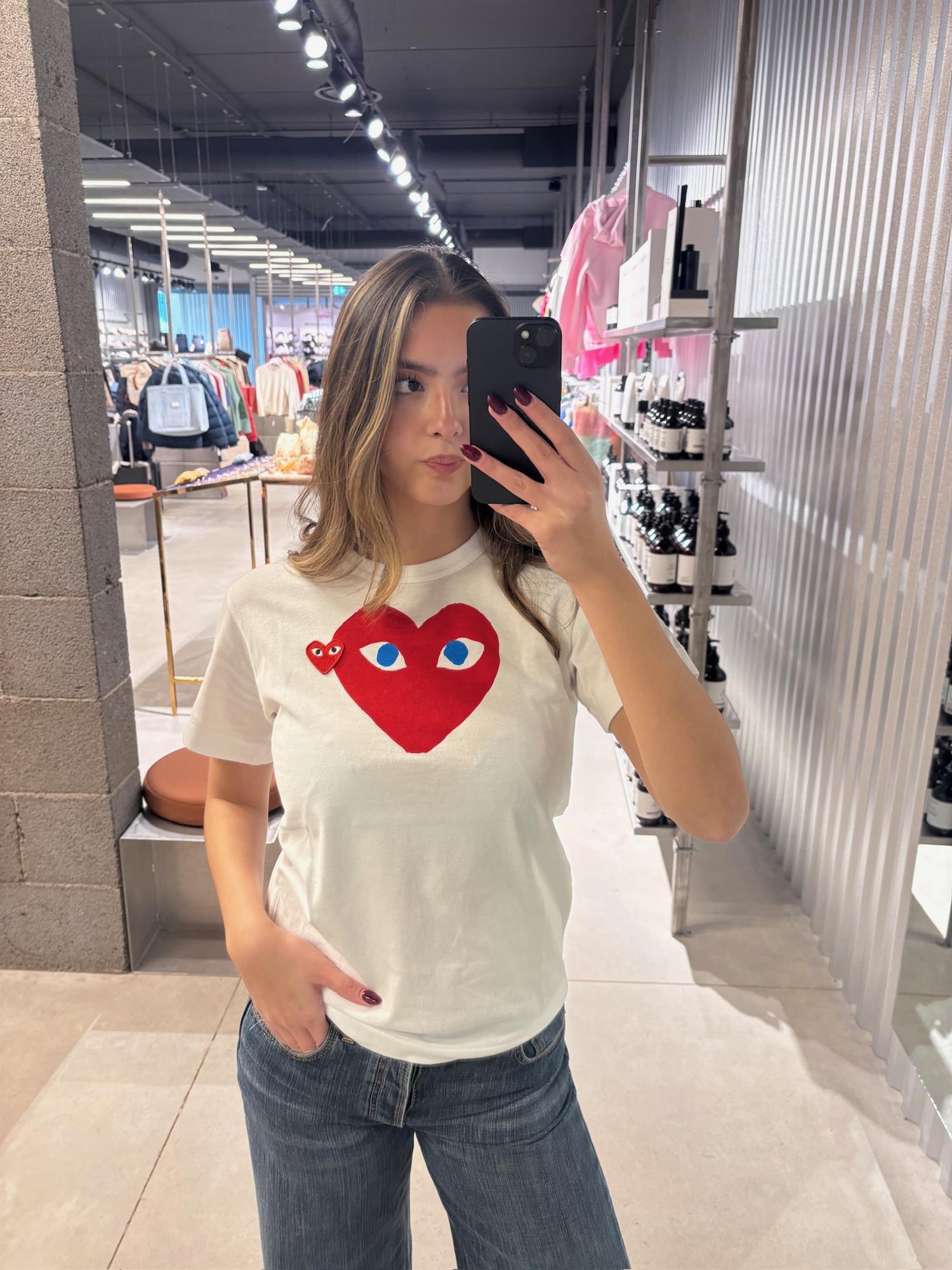 Comme des Garcons Play U T-shirt Red Emblem Knit T-shirt Hvit Og Rød