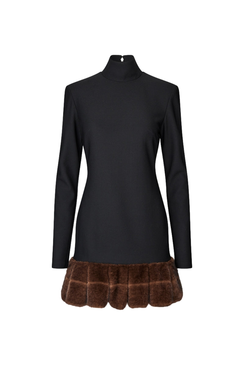 ROTATE LS Faux Fur Trim Dress Kjole Sort