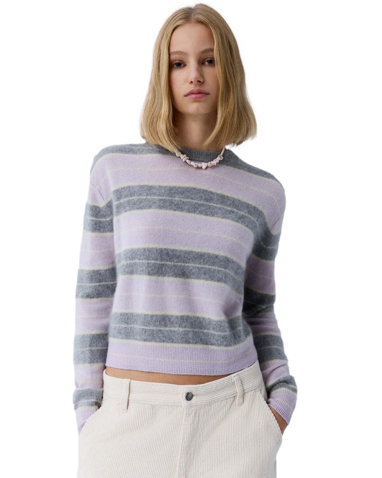 Guest In Residence Grizzly Stripe Crew Genser Lilla/Grå - modostore.no