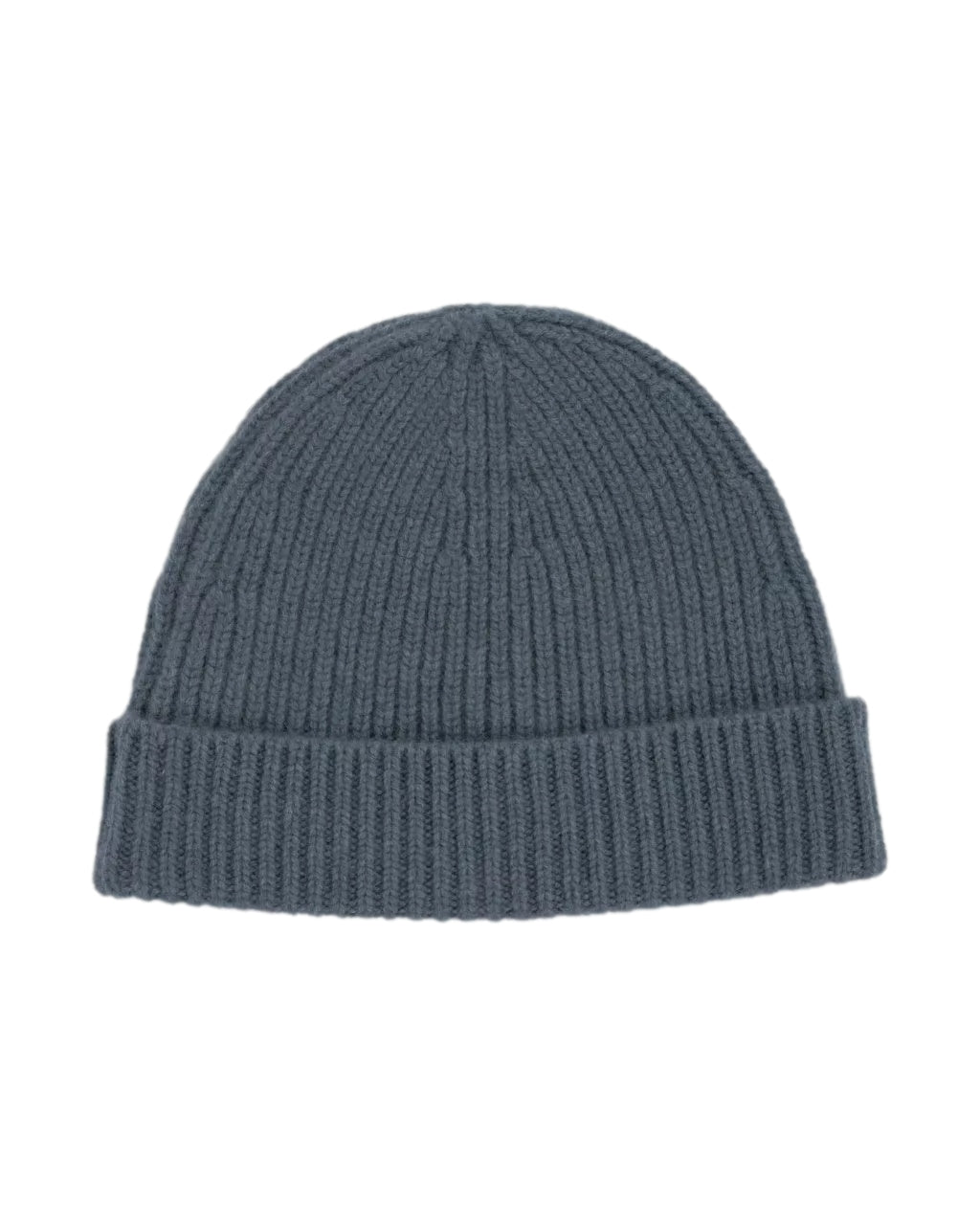 Amundsen cashmere lue i blått, myk og varm beanie i ull, vist på en person med lue som dekker hodet og ørene