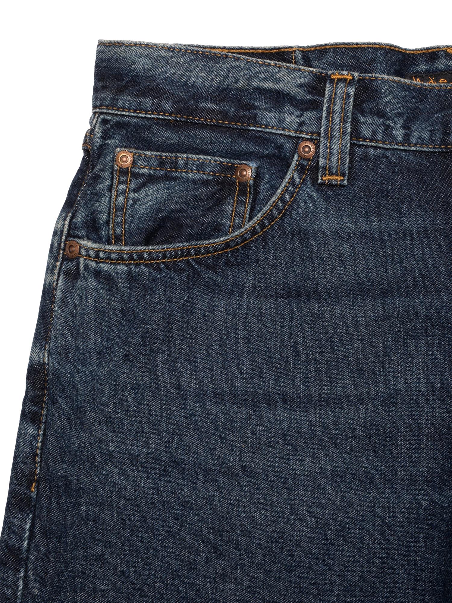 Nudie Jeans Rad Rufus blå jordfargede jeans for menn, mørkeblå slim fit med klassisk stil og synlige lomme- og sømdetaljer.