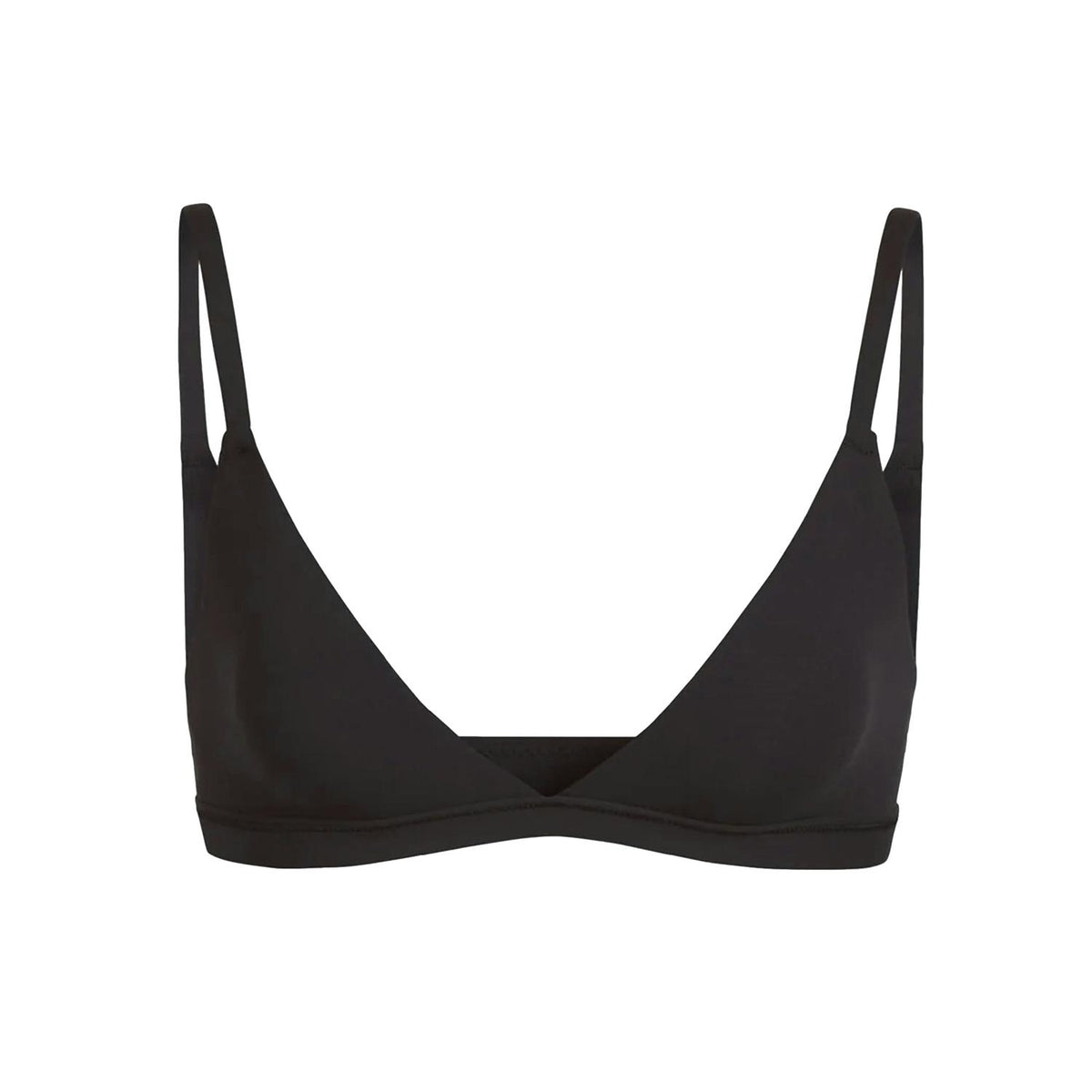 Sort SKIMS Fits Everybody Triangle Bralette undertøy i mykt stoff, vises på modell med komfortabel passform.