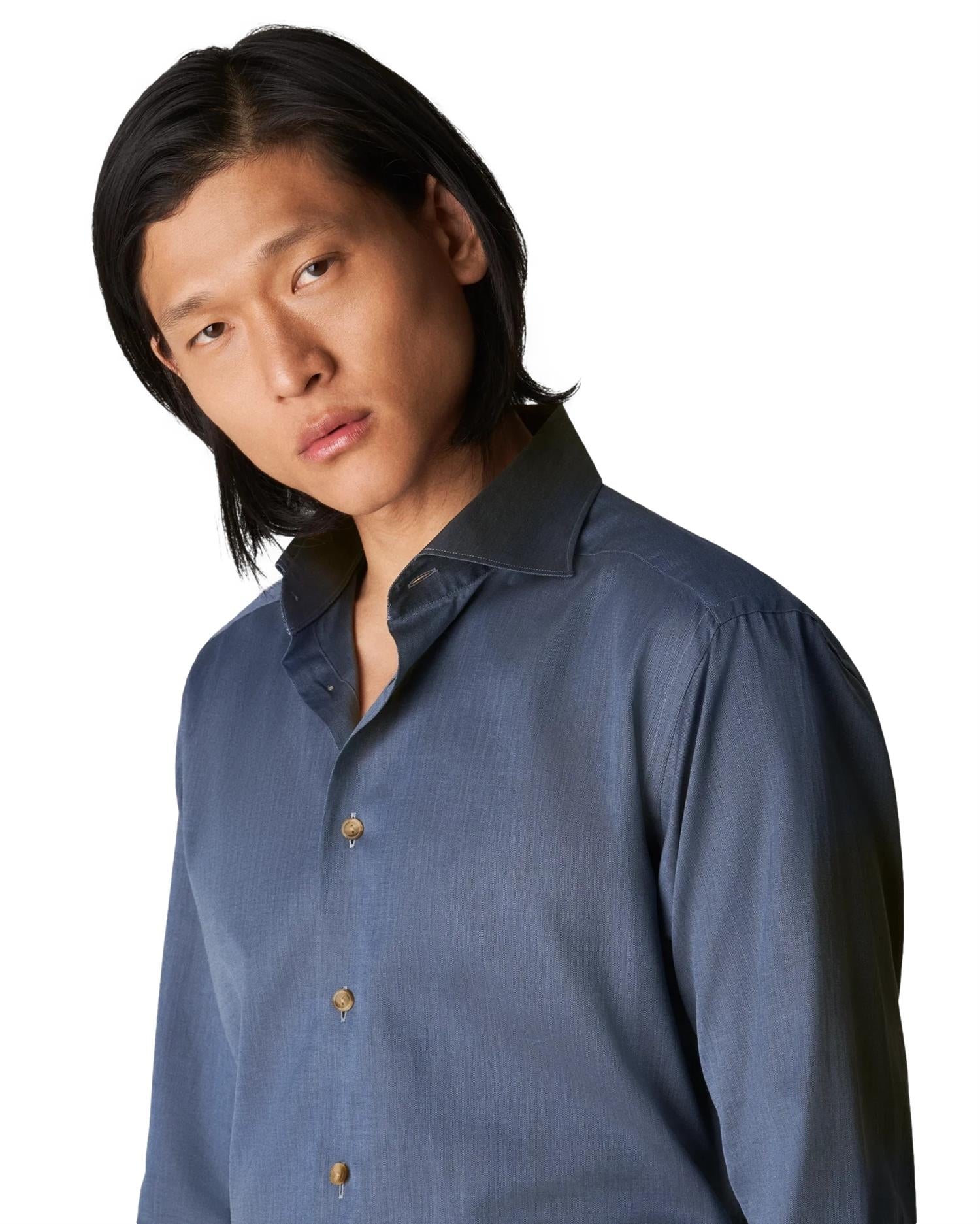 Eton Flanel Herringbone blue Skjorte Melert Blå - modostore.no