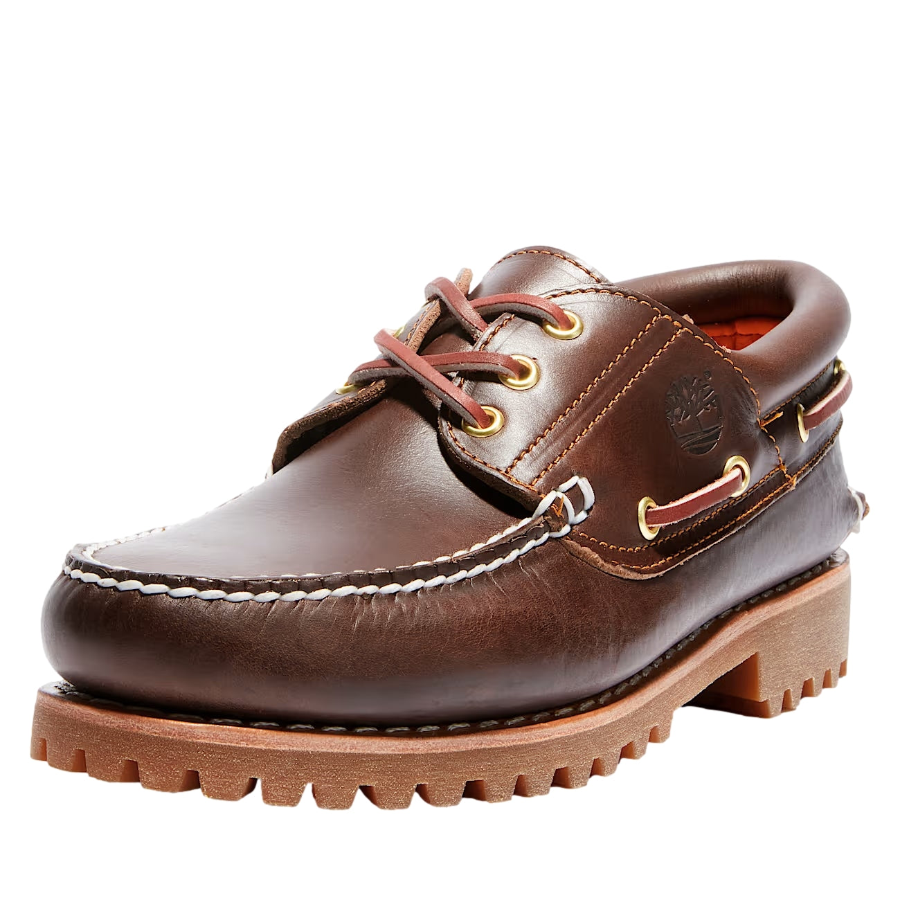 Mørkebrune Timberland Authentic 3-Eye Lug Boat Shoes for menn, detaljer av lær og gummisåle, klassisk sjøskostil