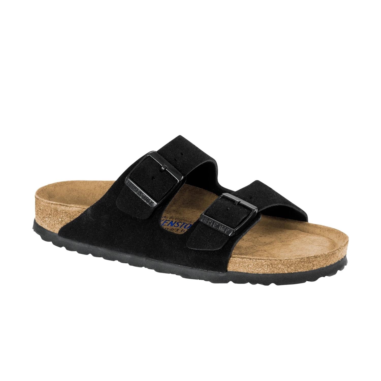 Birkenstock Arizona sandaler i semsket skinn, svarte, med to stropper og justerbare spenner, vist fra siden.
