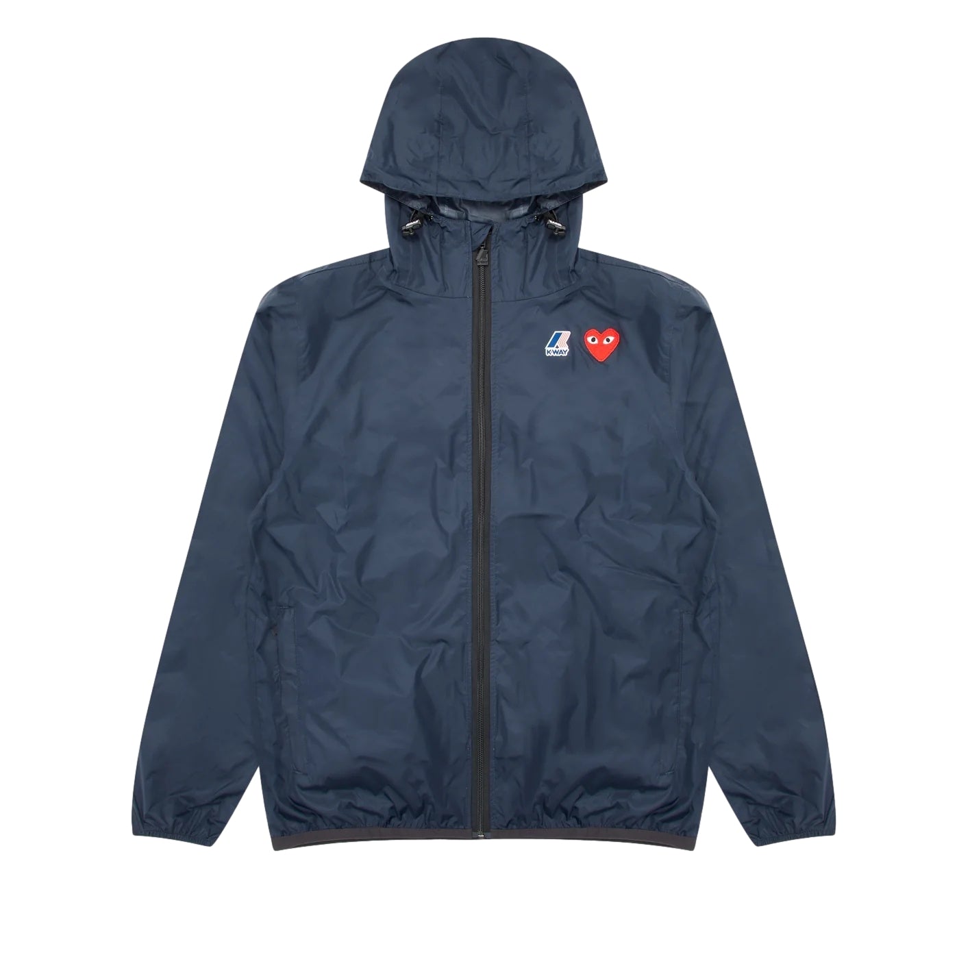 Mørkeblå Comme des Garcons Play K-Way full zip jakke med logo og hette, vist fra forsiden.