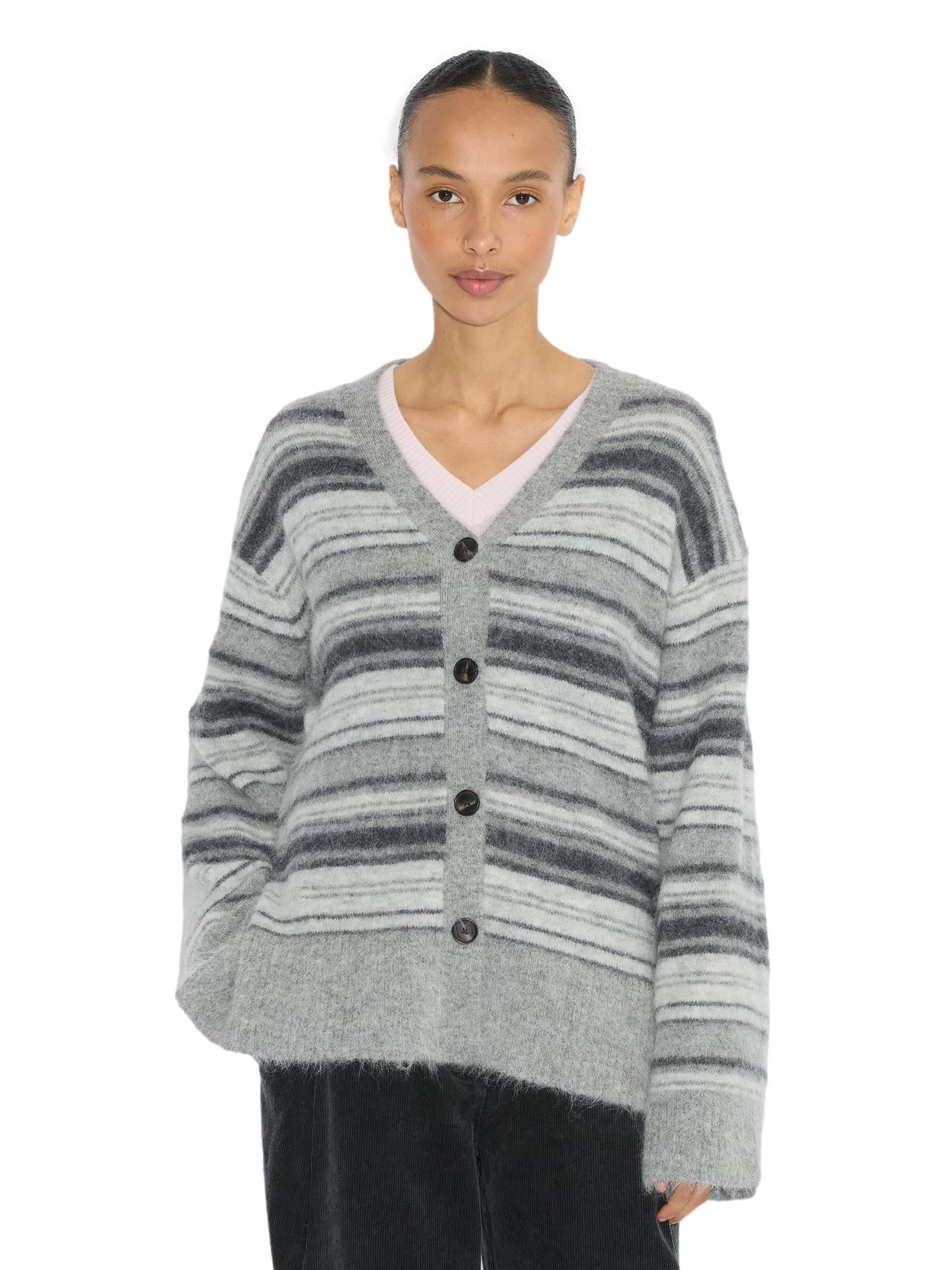 Holzweiler Fluffy Stripe Cardigan Cardigan Grå Striper