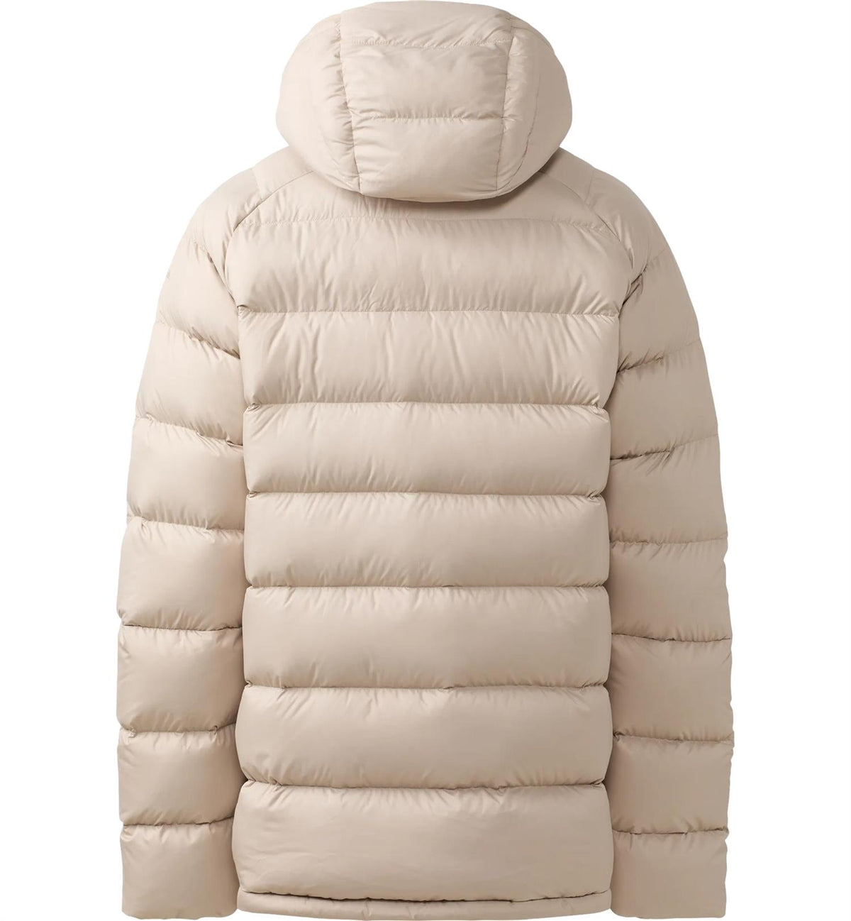 Lys beige Haglöfs Rosson Down Hood mennjakke med hette og dunfylling, utendørsjakke for kalde dager.