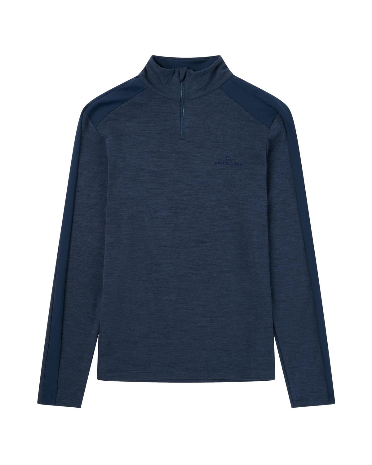 Amundsen 5Mila half zip genser for menn i marineblå med half-zip og monoskript design, laget av mykt materiale.
