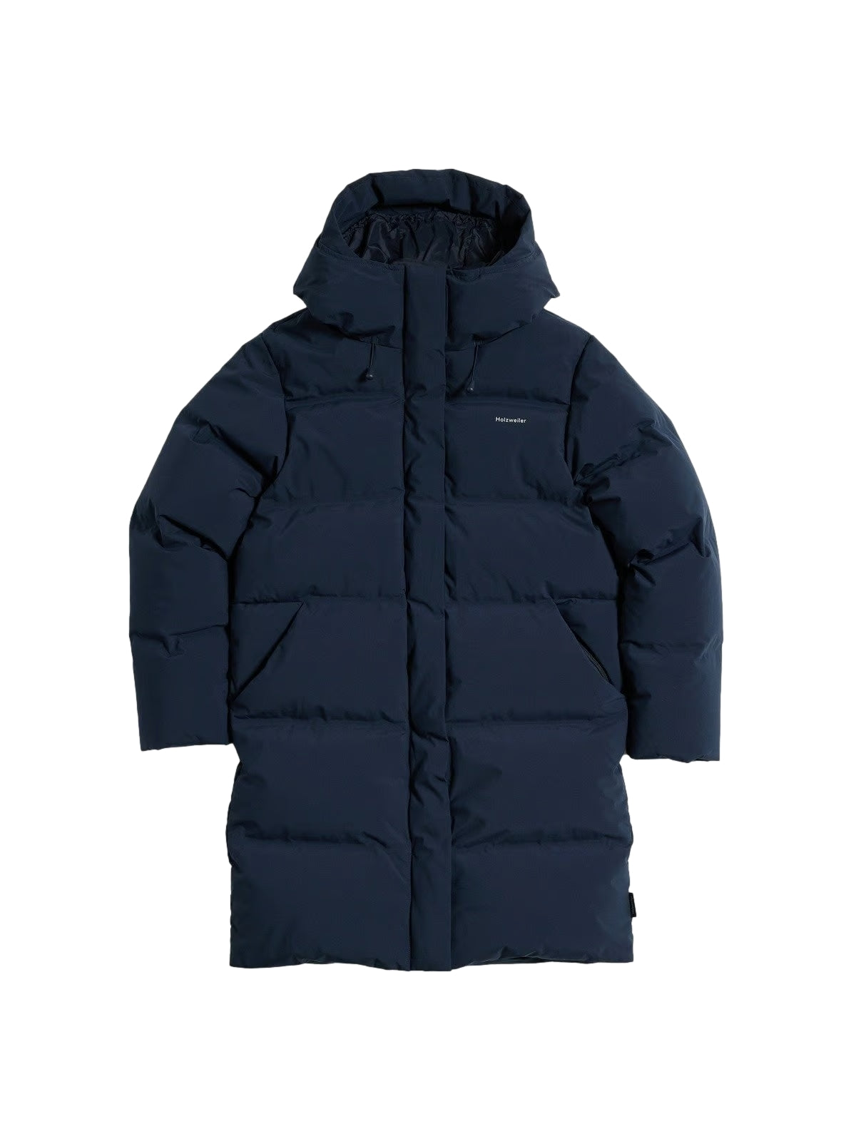 Holzweiler Loen Down Navy jakke med glidelås og hette, vises i bilde, perfekt for vinter og kalde dager.