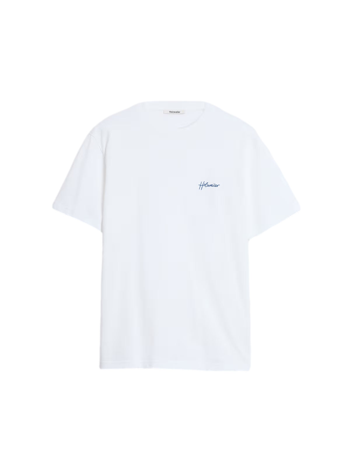 Holzweiler Tucker embroidery T-skjorte i hvitt og blått, nårbildet av fronten med broderingsdetaljer.