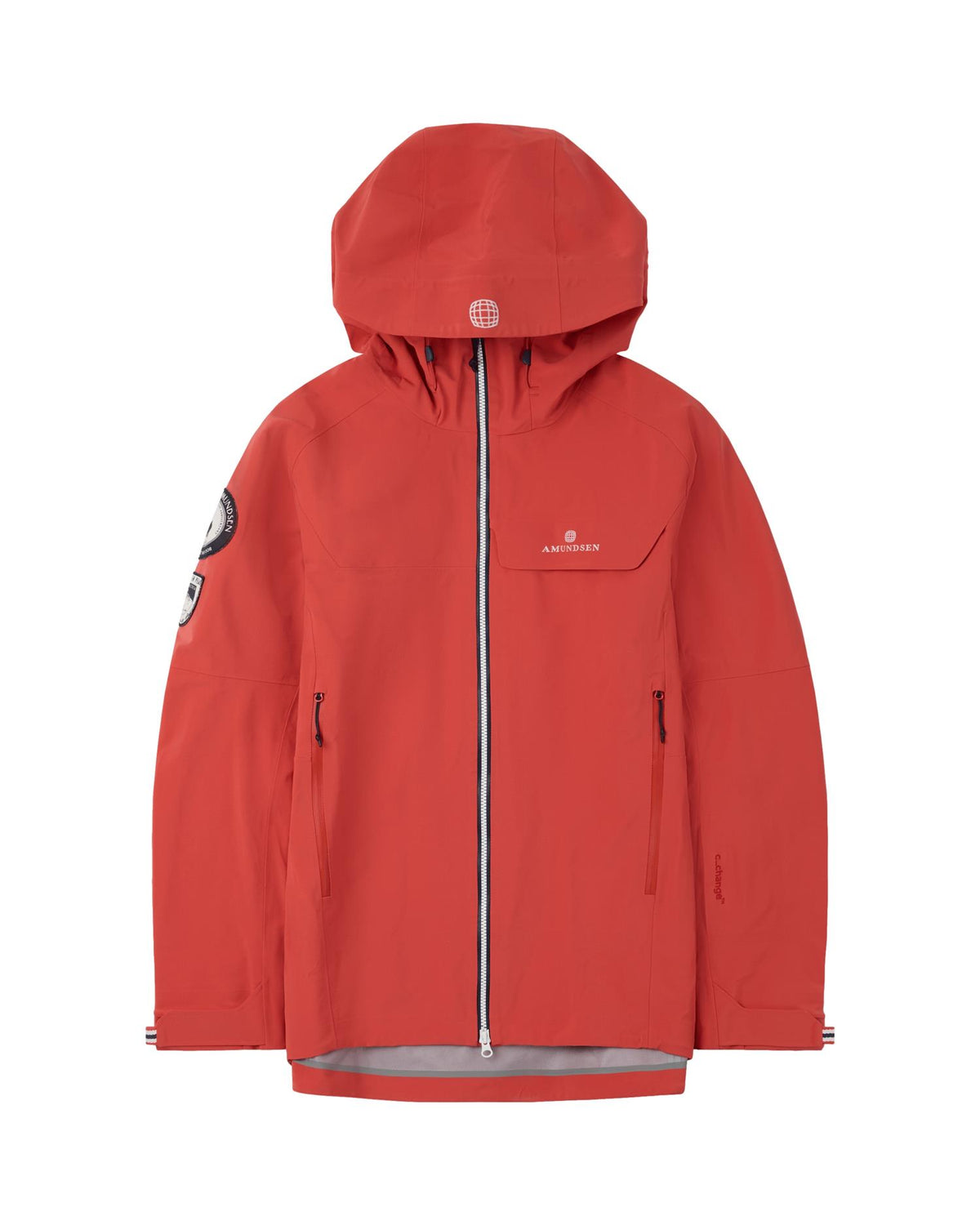 Amundsen Peak Jacket herre i værbitt rød, utendørs jakke med justerbar hette og vindtett stoff.