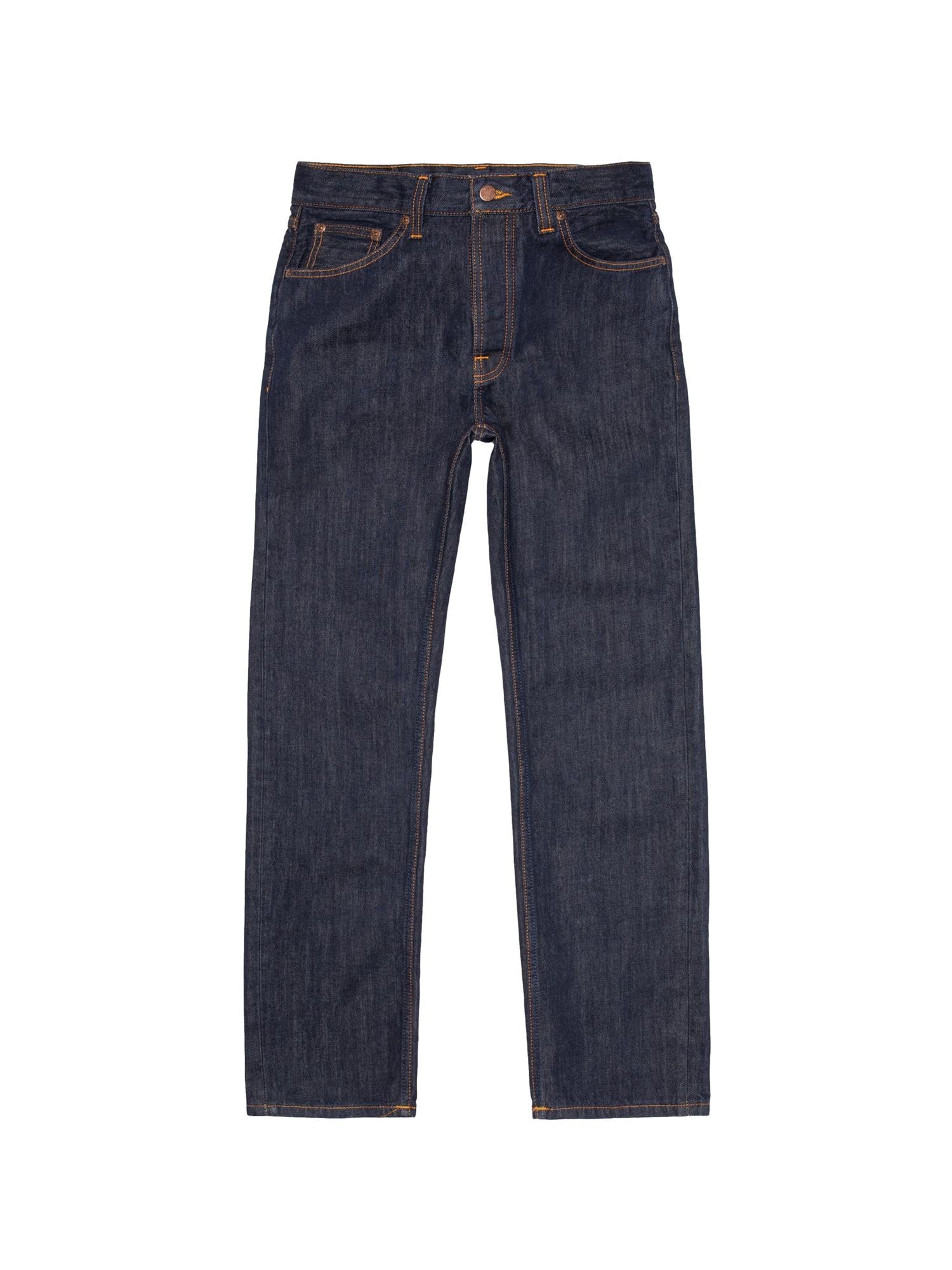 Nudie Jeans Rad Rufus blå one wash jeans i denim, vises i bilde med klassisk passform og lyse blå vask.