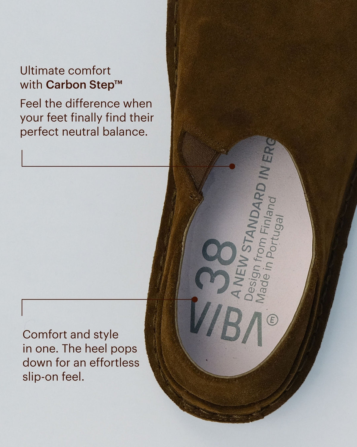 VIBAe Zuma Bio Suede Bosco Khaki sko med komfortabel design og naturlig khaki farge, vist foran.