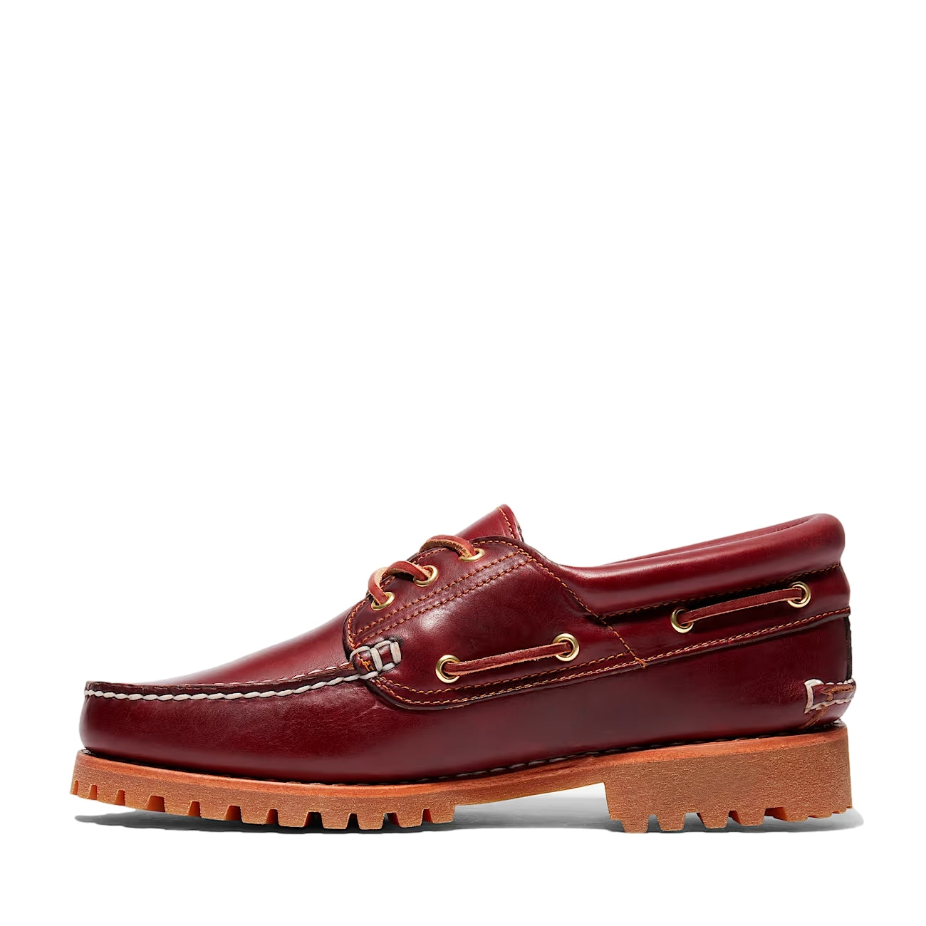 Burgunder Timberland Authentic 3-Eye Lug boat sko med lærreimer og gummisåle, klassisk og stilfull for sjø- og fritidsbruk.