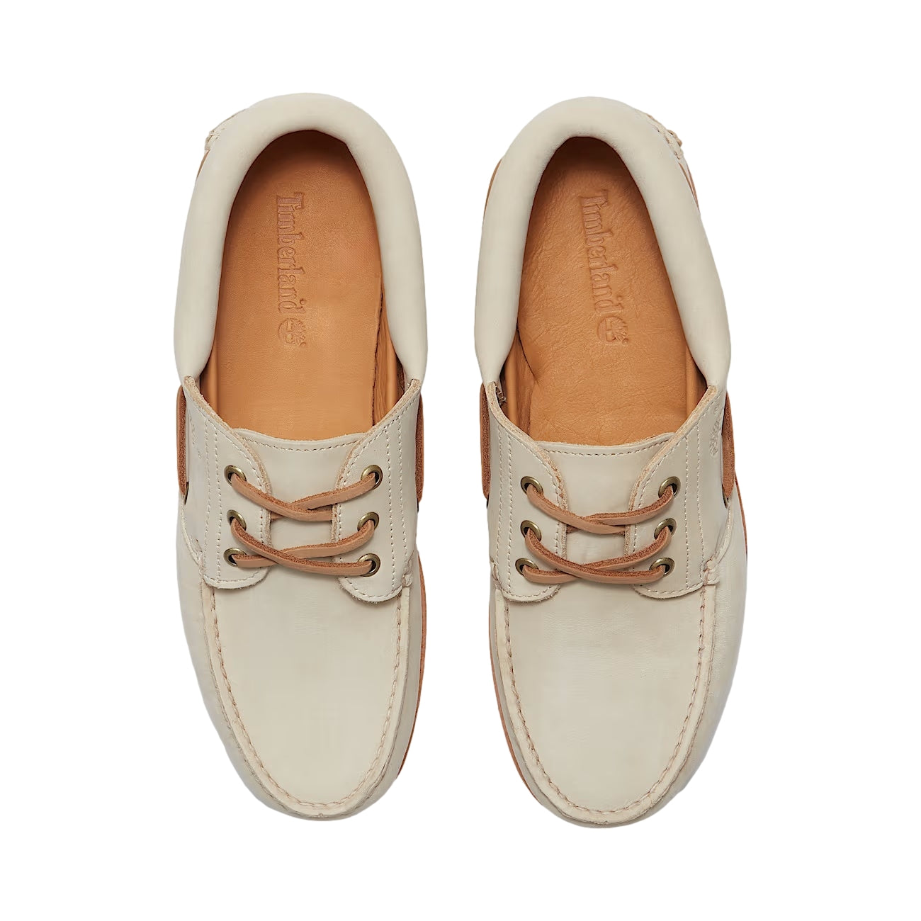 Beige Timberland Authentic Lake House 3-Eye Lug Boat Sko med lærreim og gummisåle, klassisk og komfortabel båtsko for menn.