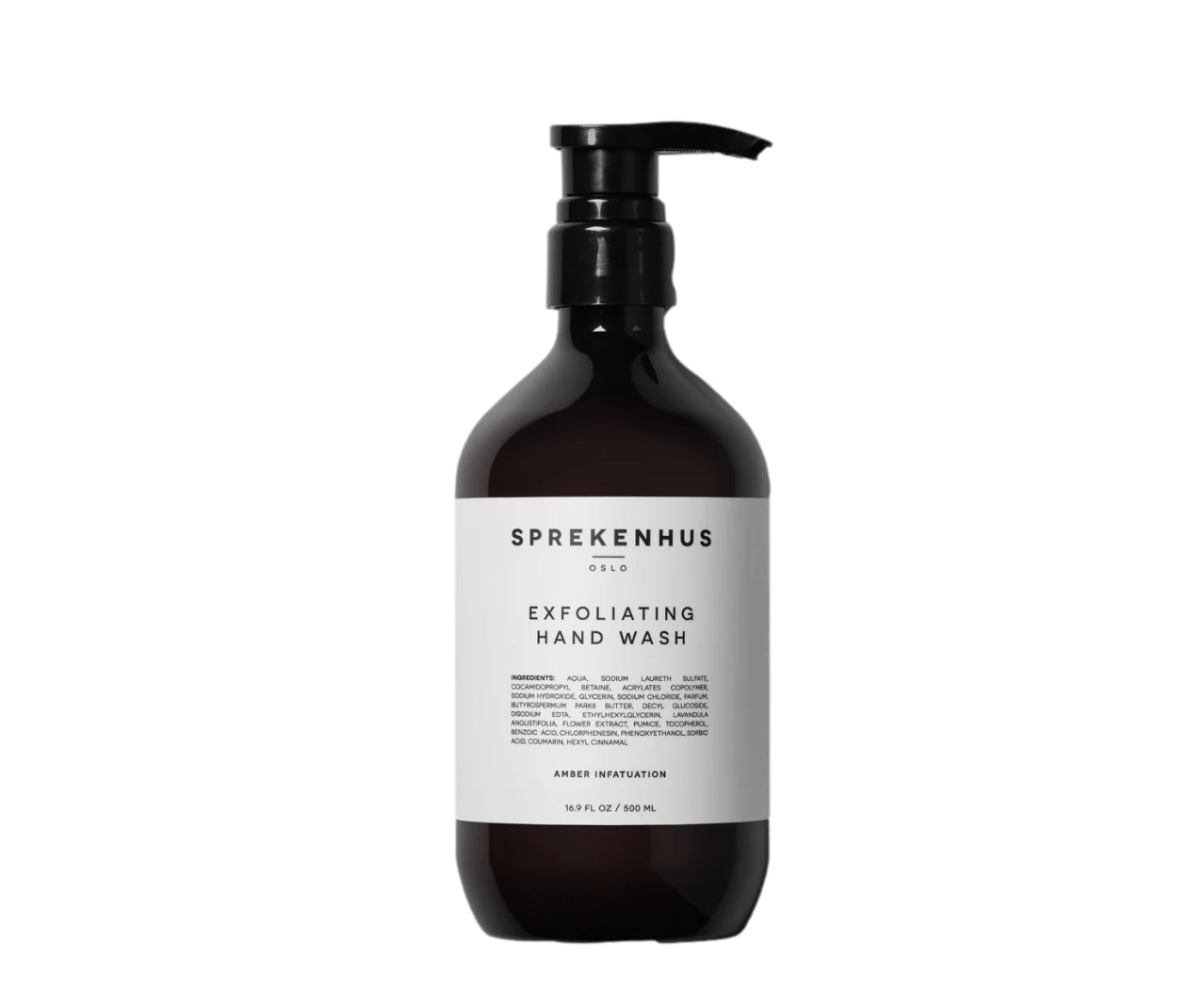 Sprekenhus Exfoliating Hand Wash i 500ml, gjennomsiktig flaske med amberfarget håndsåpe og skum.