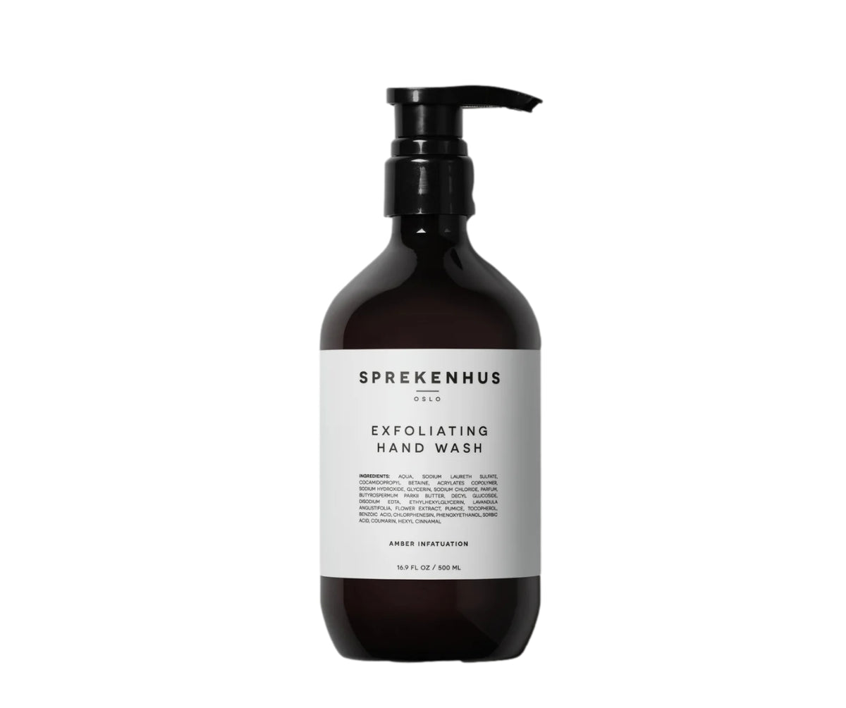 Sprekenhus Exfoliating håndsåpe i 500 ml med gjennomsiktig amber infatuation design, vises i bilde.