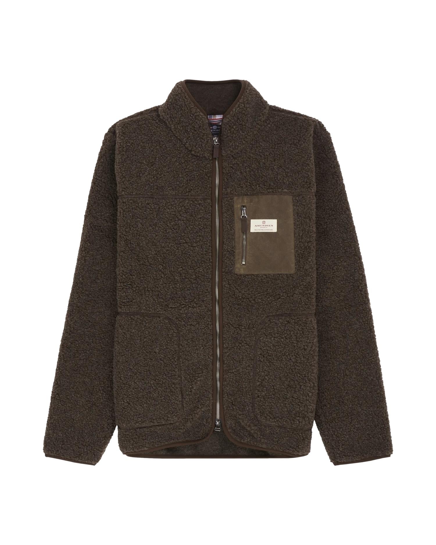 Amundsen Heroes Wool Fleece Jakke menn, mørkebrun, varm og myk fleecejakke med glidelås og høy krage.