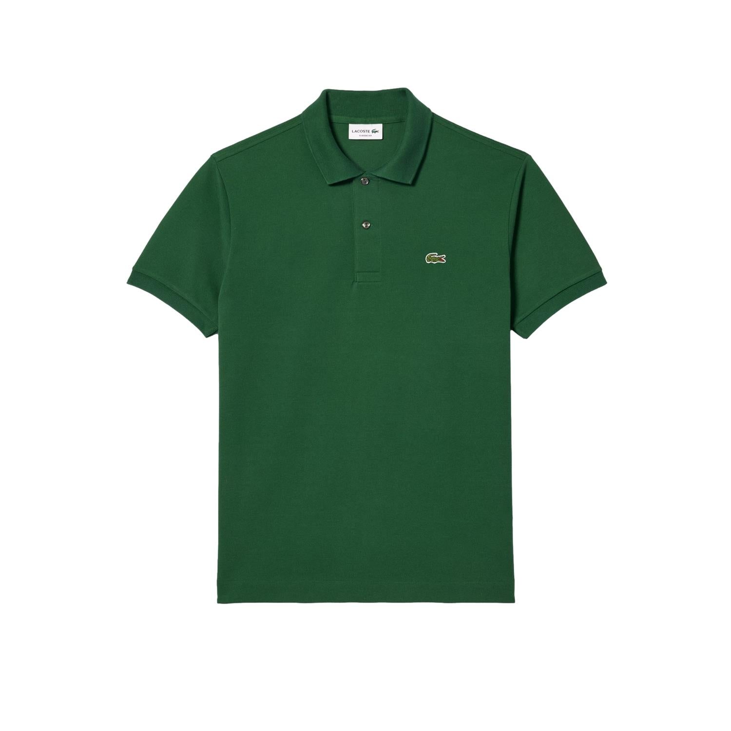 Mørkegrønn Lacoste klassisk passform original polo T-skjorte, vises på modell med krage og knappestolpe