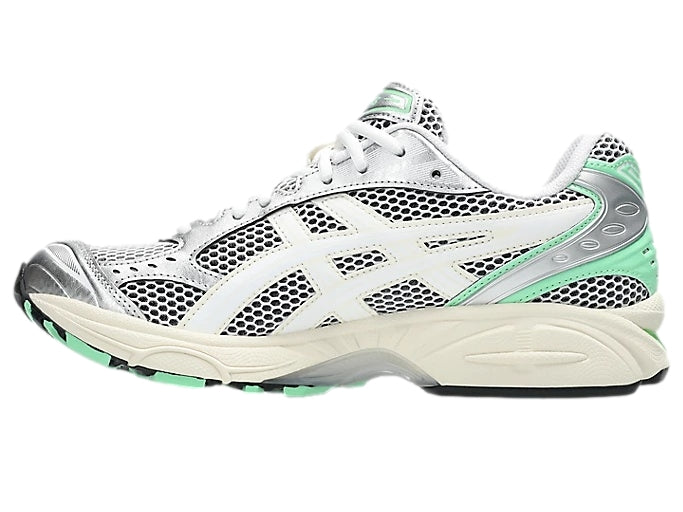 Asics Gel-Kayano 14 løpesko i hvitt og menthol, sportsko for komfort og stabilitet, synlig med hvit og grønn farge.