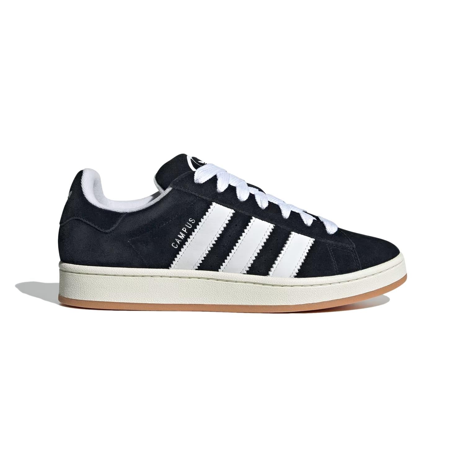 Sort Adidas Campus 00s sko med klassisk design, vises i bilde med detaljert nærbilde av skoens overflate og lissesystem.