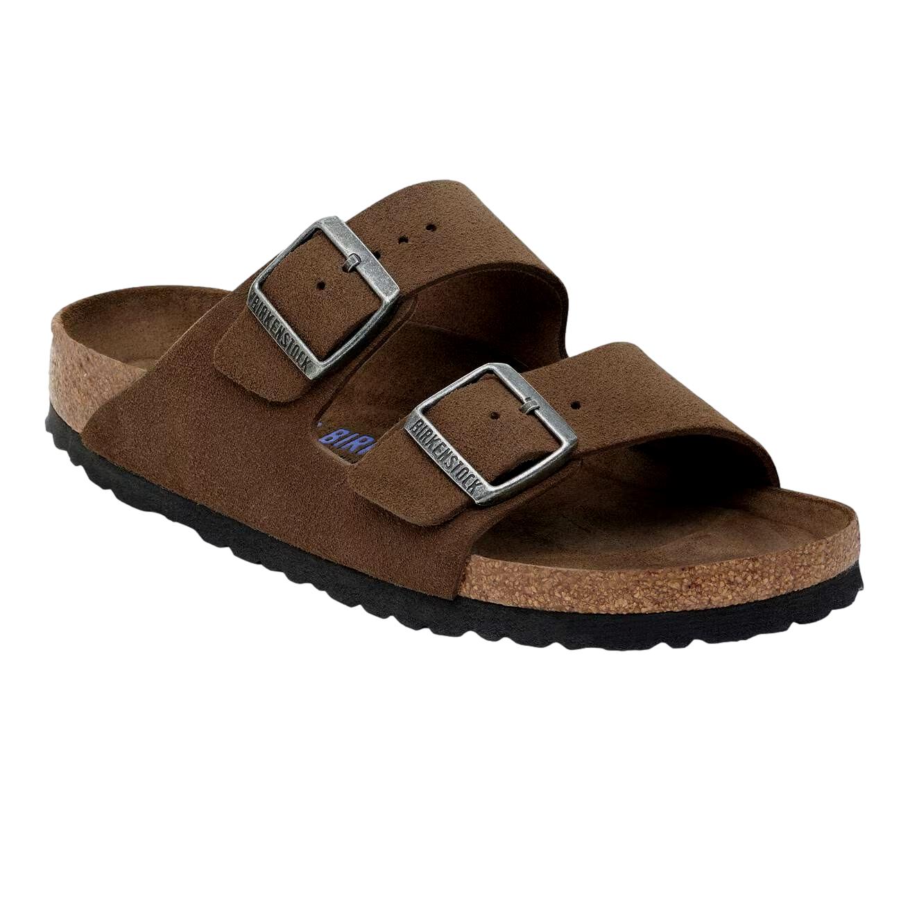 Birkenstock Arizona SFB sko i semsket skinn, mørk te og lysebrun ton, med justerbare stropper og komfortabel design.