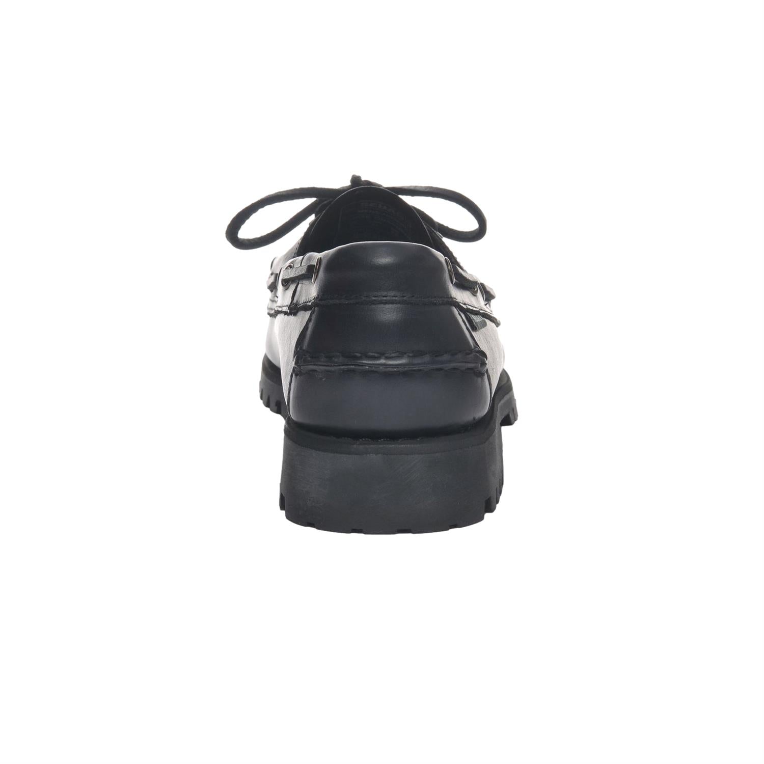 Sort Sebago Ranger Waxy sko med lærreimer og robuste såler, vist i en detaljert bildeserie.