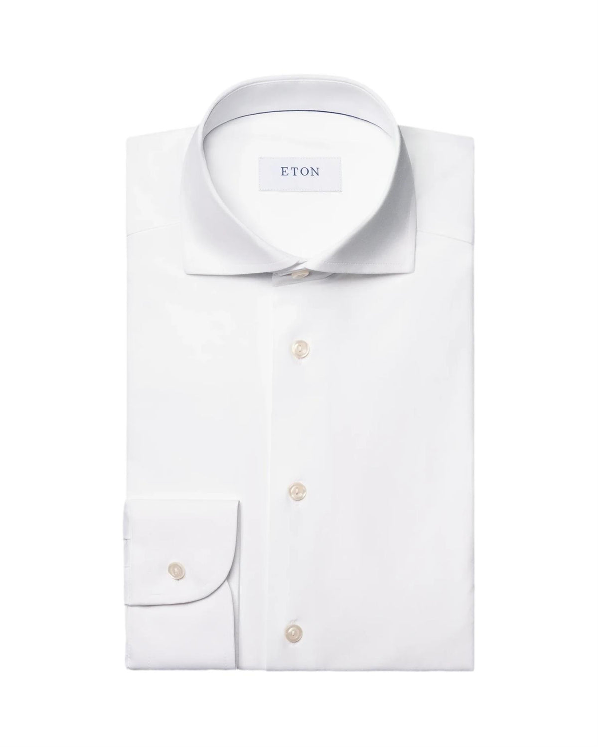 Hvit Eton skjorte i semi solid fireveis stretch med klassisk design, vist med knapper og mansjetter.