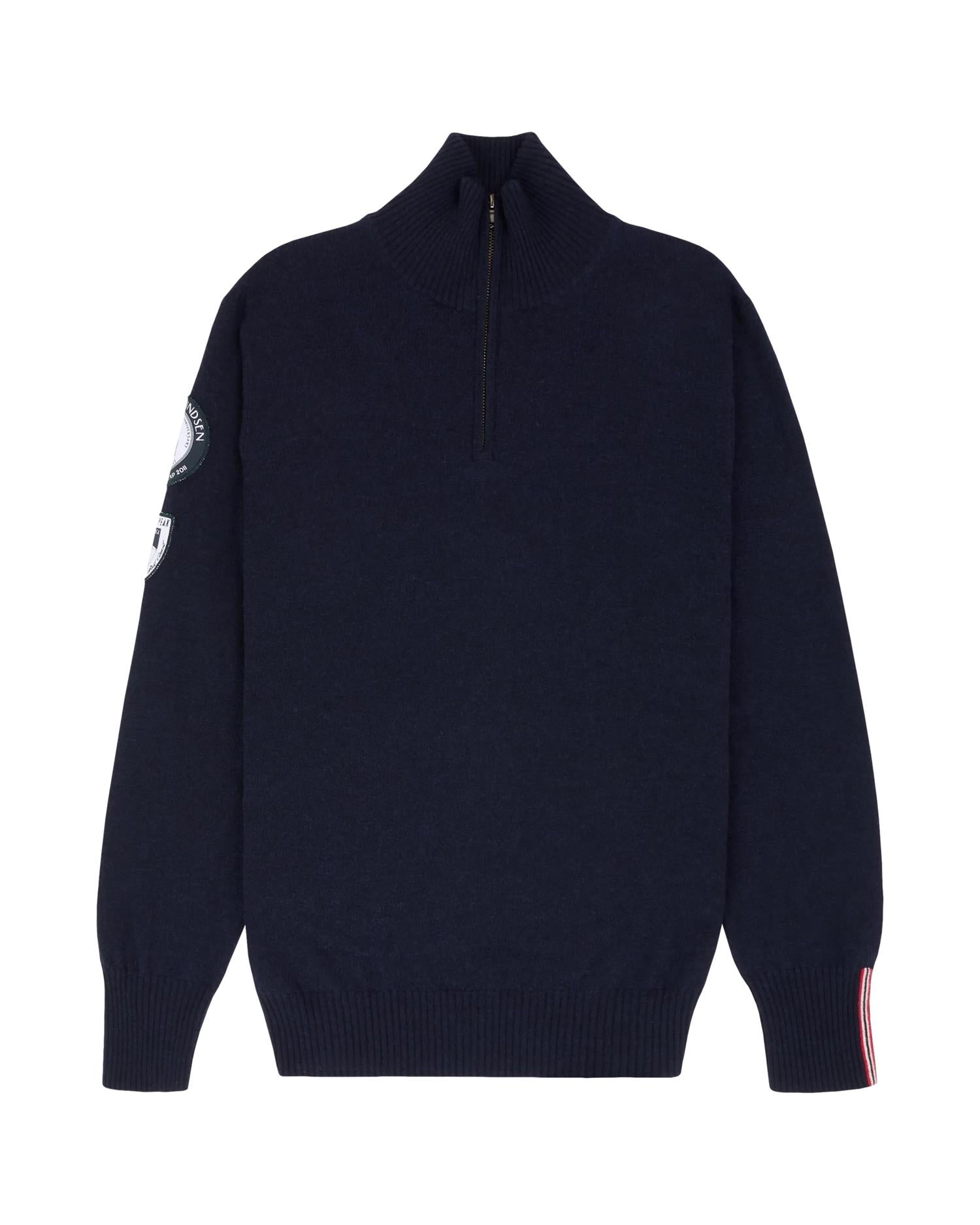 Amundsen Peak Half Zip herregenser i marineblå med halvt glidelås, myk og komfortabel for utendørsbruk.