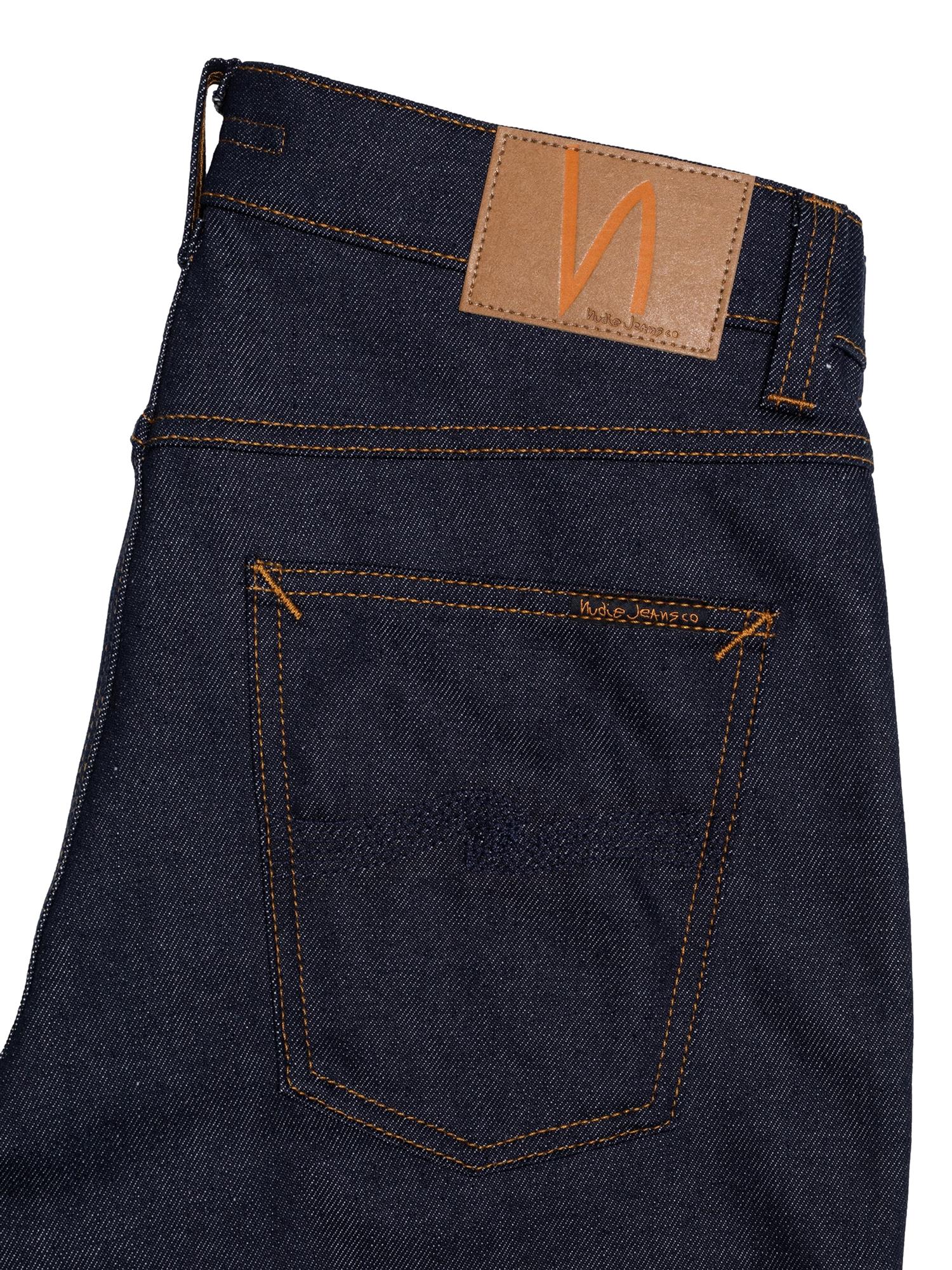 Mørkeblå Nudie Jeans Solid Ollie Dry Abyss jeans av denim, vist fra forsiden med klassisk design og passform