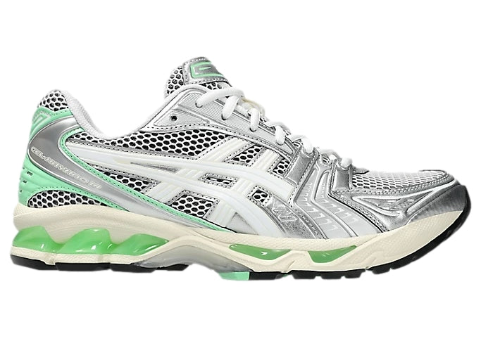 Asics Gel-Kayano 14 treningssko i hvit og grønn med mesh-overdel og støtte for løping og trening