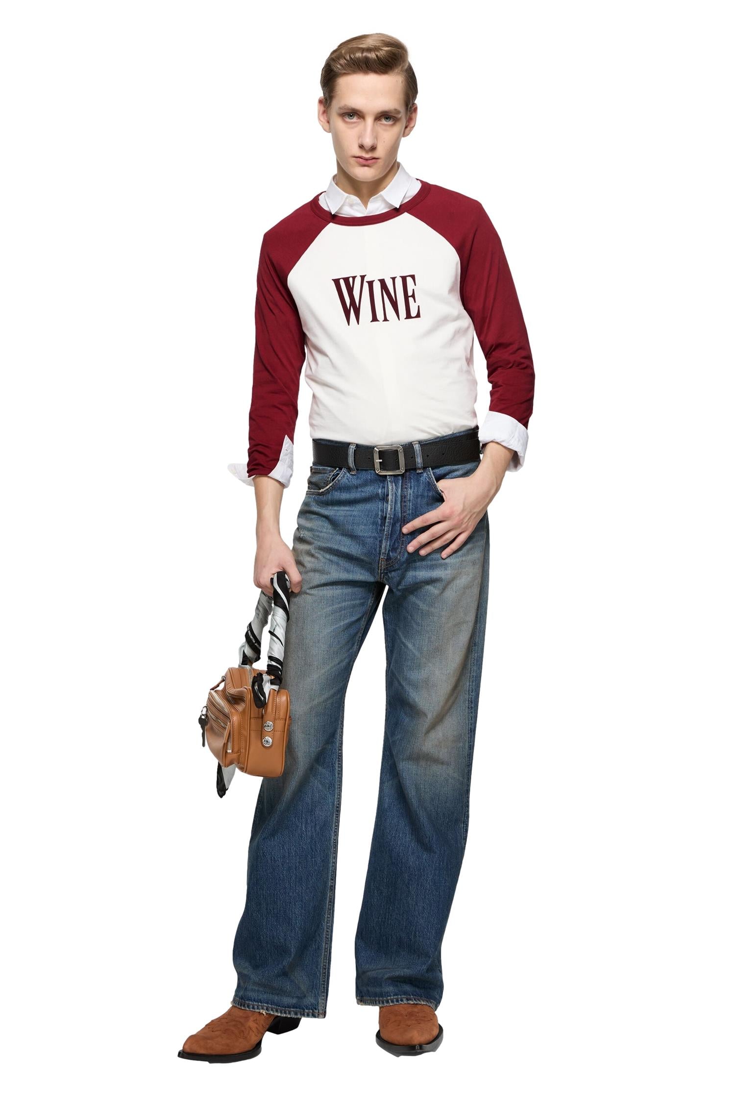 Acne Wine Graphic T-Shirt Longsleeve Beige Og Rød