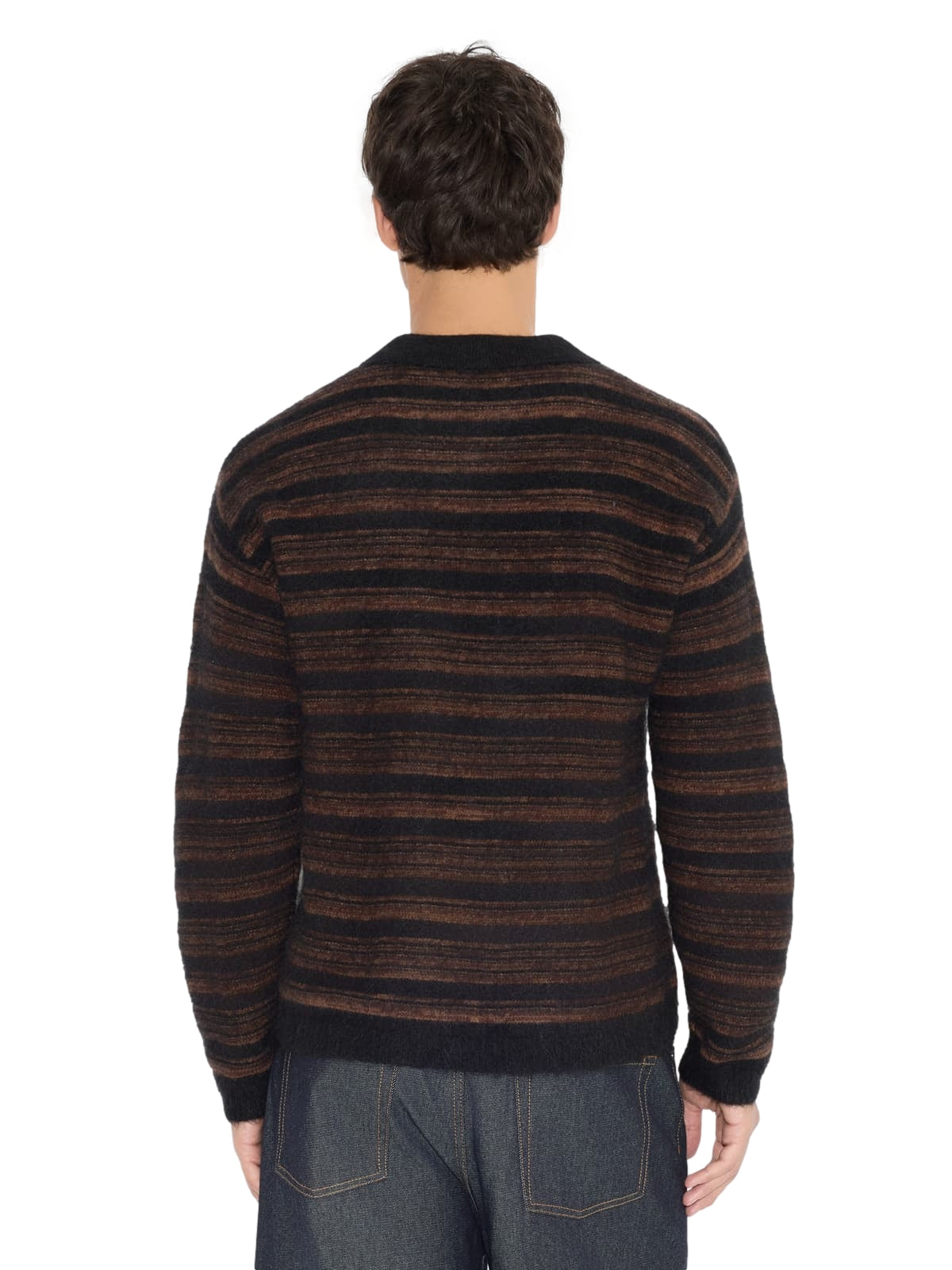 Holzweiler Ollie ullpolo genser i sort og brun, nærbilde av den myke, varme teksturen og klassisk design.