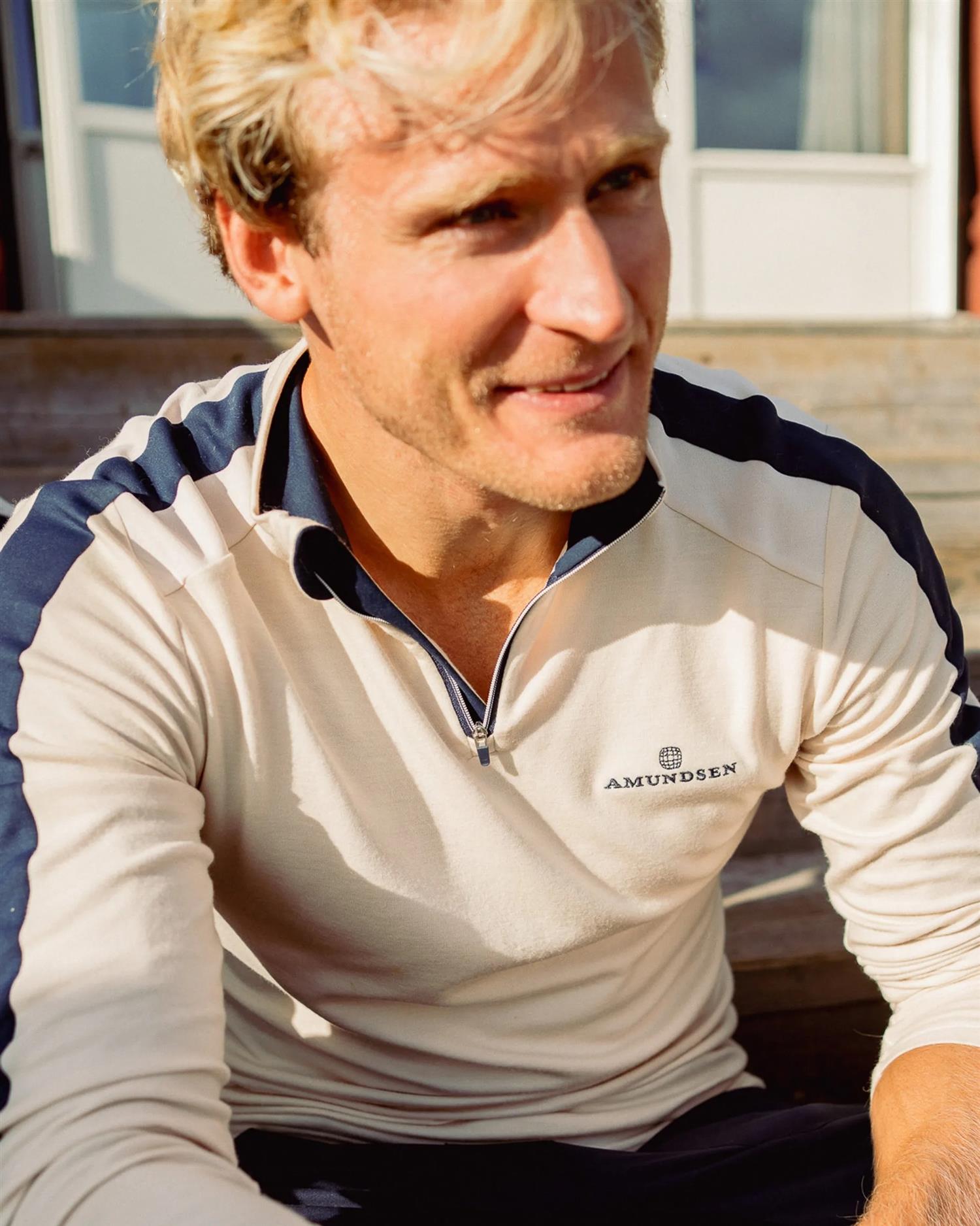 Amundsen 5Mila Half Zip Mens Stripe Genser Hvit Og Mørkeblå