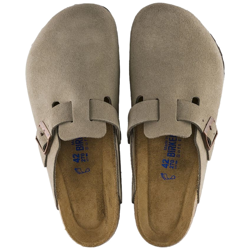 Birkenstock Boston SFB i semsket skinn, smal passform, taupe farge, komfortable tursko for menn og kvinner.