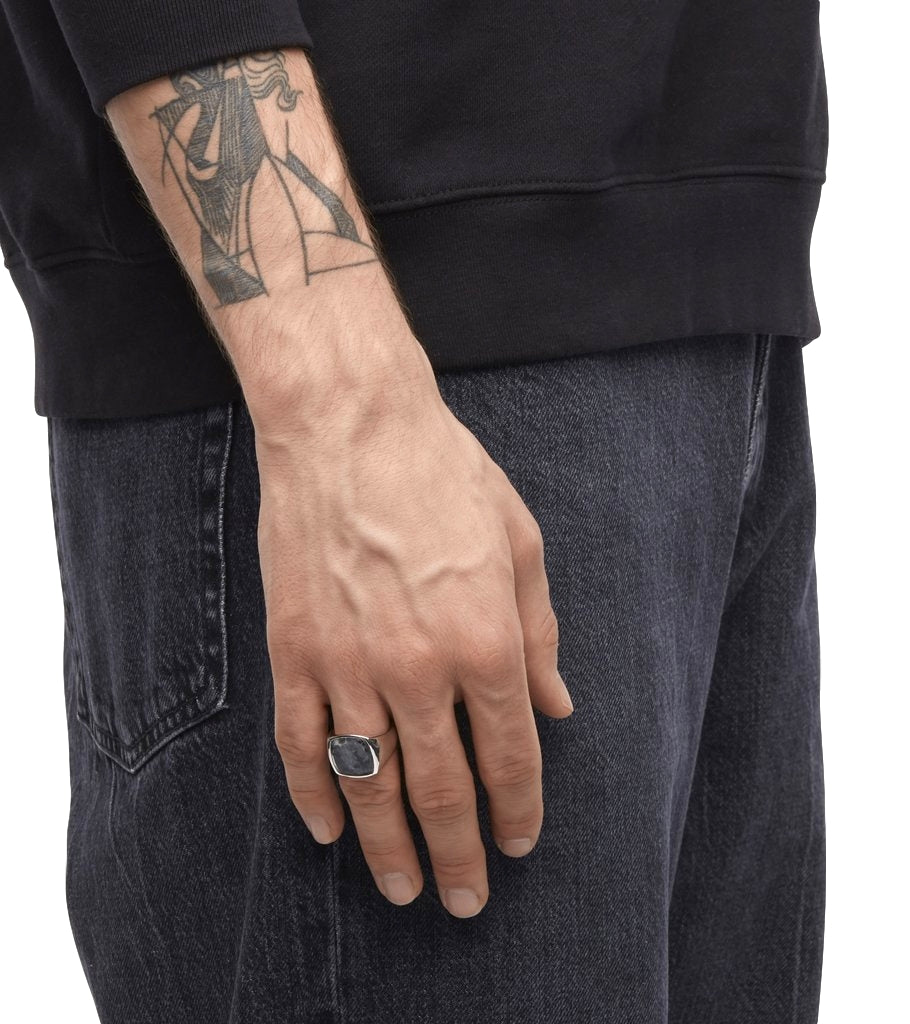 Tom Wood Larvikite ring i sølv med rund stein, elegant smykkedesign for kvinner eller menn.