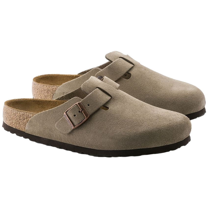 Birkenstock Boston SFB sko i semsket taupe, smal passform, komfortabel og stilren med lært design og justerbar rem.